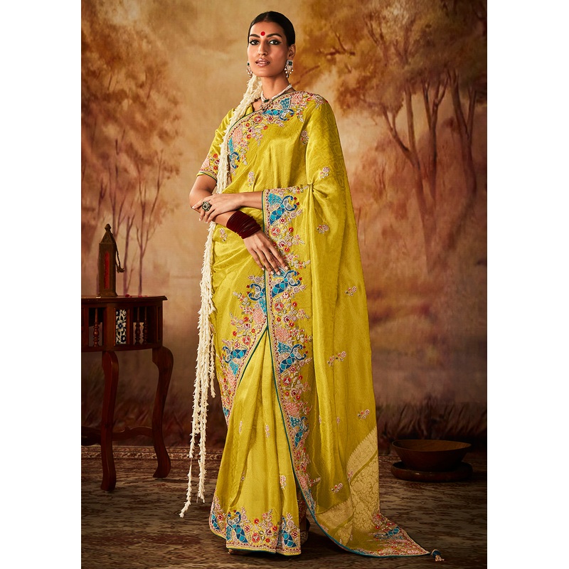 Lime Yellow Wedding Wear Embroidered Kanjivaram Silk Saree