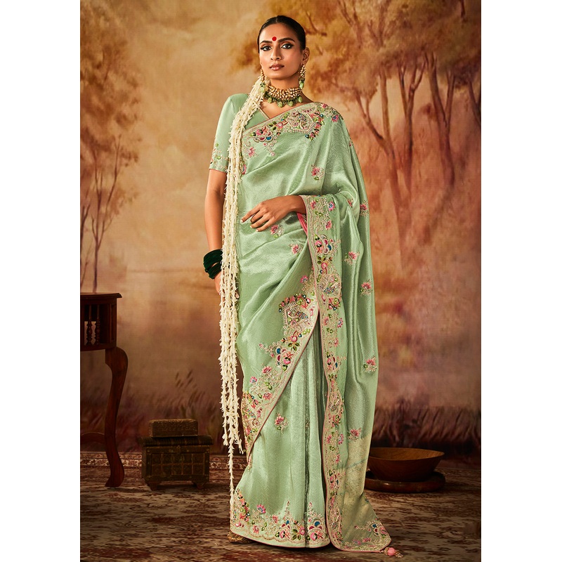 Mint Green Wedding Wear Embroidered Kanjivaram Silk Saree
