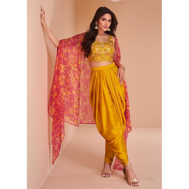 Mustard Yellow Satin Silk Indo Western Style Dhoti Pant Suit