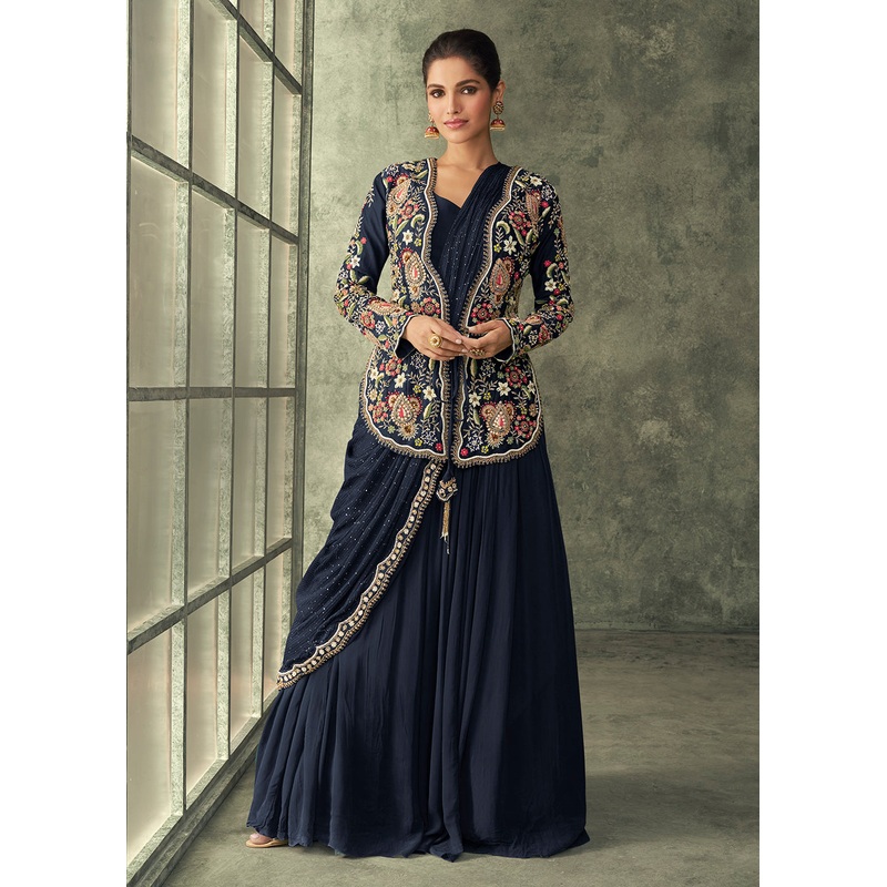 Navy Blue Silk Embroidered Designer Gown with Jacket