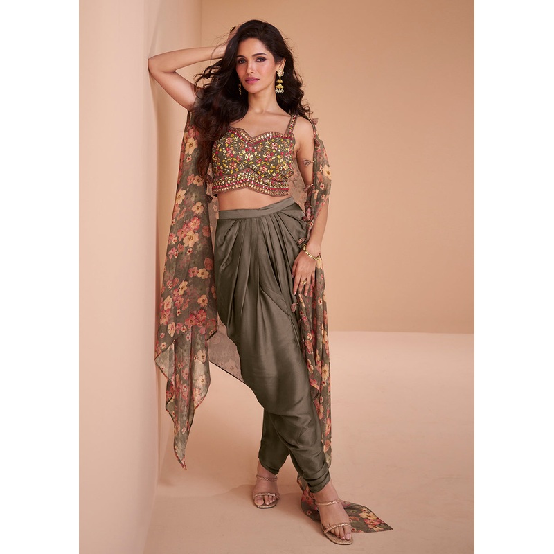 Olive Brown Satin Silk Indo Western Style Dhoti Pant Suit