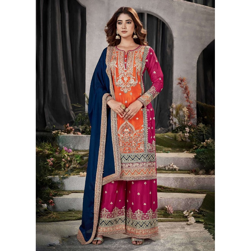 Orange Multicolor Mirror Embroidered Punjabi Style Palazzo Suit