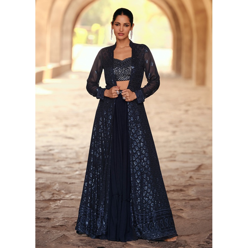 Party Style Navy Blue Georgette Designer Lehenga Choli