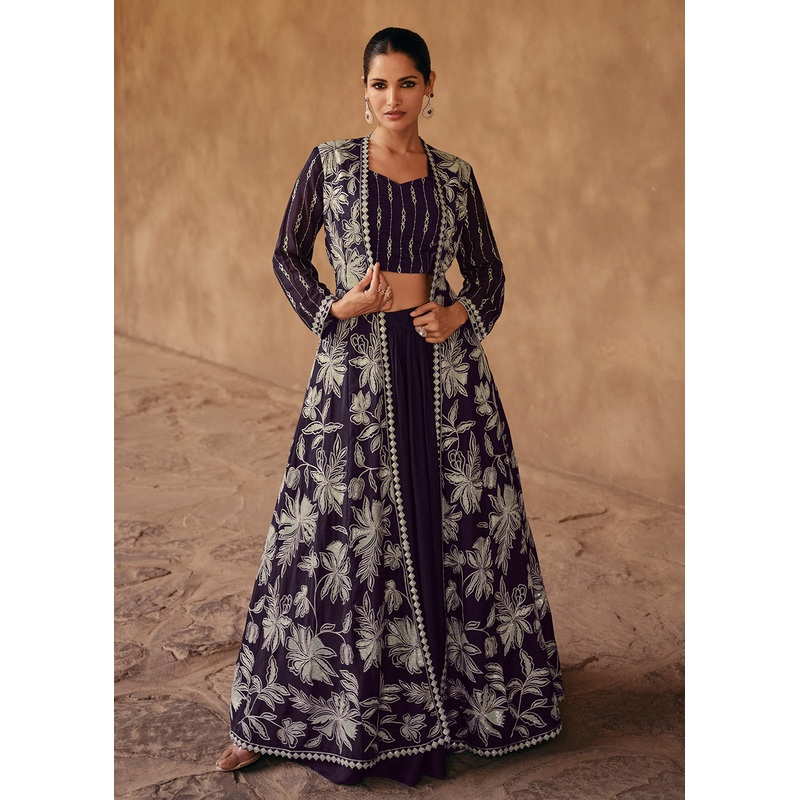 Party Style Plum Purple Chinnon Silk Designer Lehenga Choli