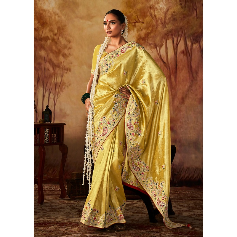 Pastel Yellow Wedding Wear Embroidered Kanjivaram Silk Saree