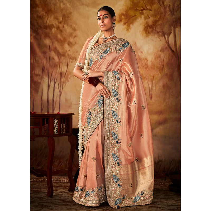 Peach Wedding Wear Embroidered Kanjivaram Silk Saree