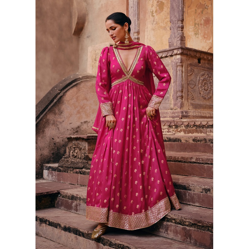 Pink Pure Viscose Jacquard Silk Embroidered Designer Anarkali Suit