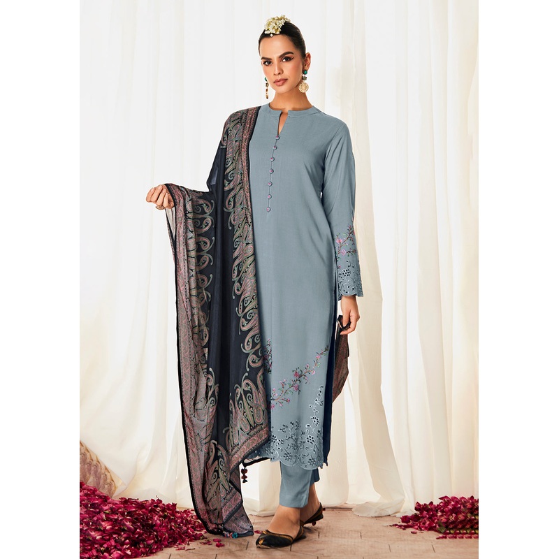 Pleasing Grey Suzani Inspired Embroidered Ethnic Salwar Suit