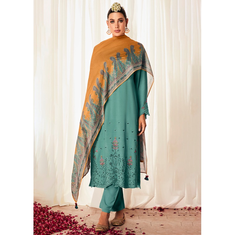 Pleasing Turquoise Suzani Inspired Embroidered Ethnic Salwar Suit