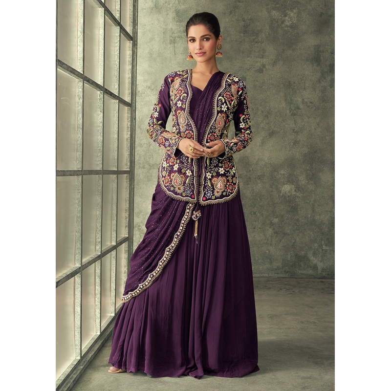Plum Purple Silk Embroidered Designer Gown with Jacket