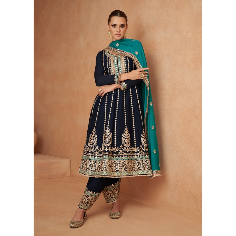 Premium Chinnon Dark Blue Punjabi Style Salwar Suit