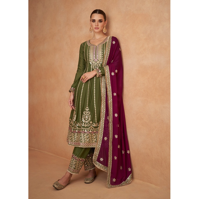 Premium Chinnon Mehndi Green Punjabi Style Salwar Suit