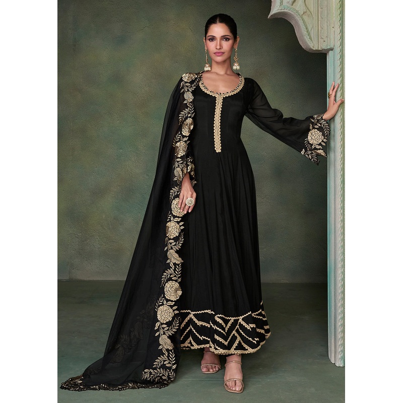 Pure Silk Black Embroidered Reception Wear Indian Gown