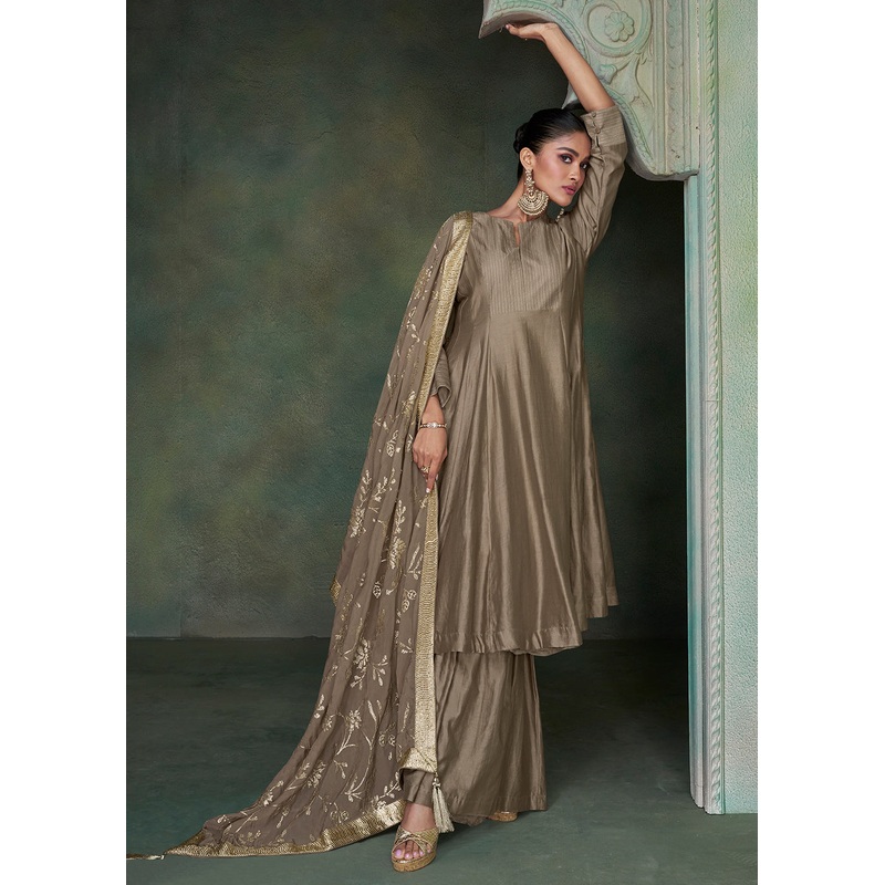 Pure Silk Brown Embroidered Reception Wear Palazzo Suit