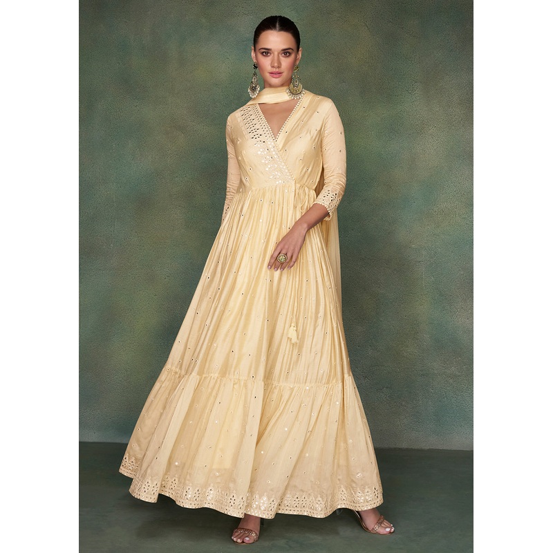 Pure Silk Cream Embroidered Reception Wear Indian Gown