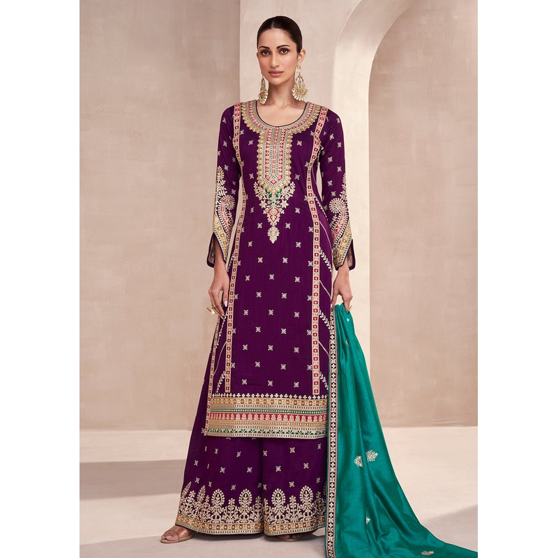 Purple Embroidered Premium Silk Palazzo Suit with Teal Dupatta