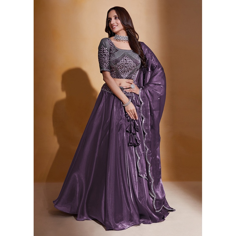 Purple Organza Silk A Line Festive Party Lehenga Choli