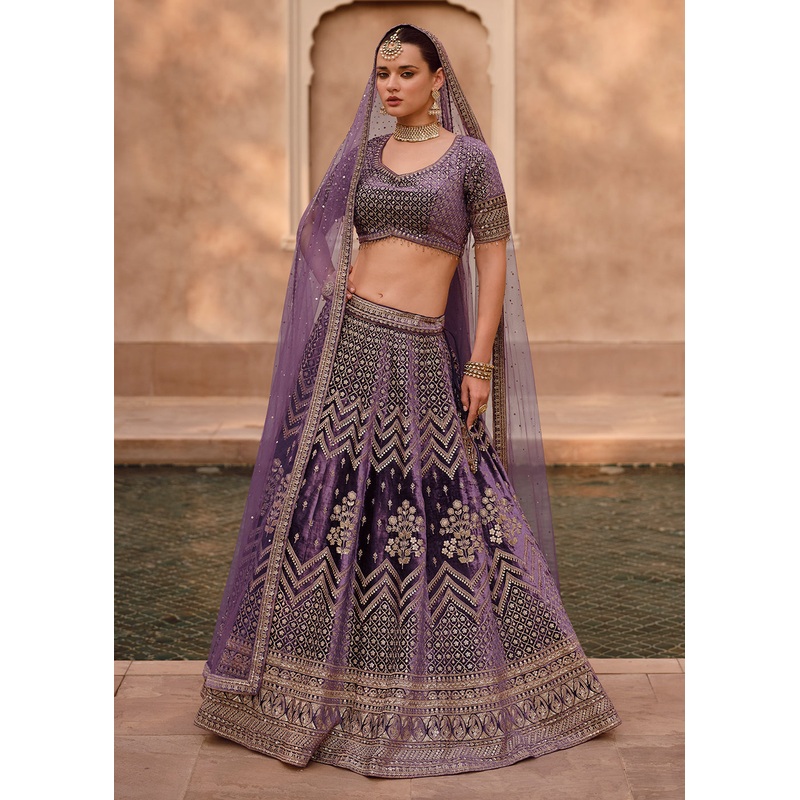 Purple Pure Viscose Lycra Silk Embroidered Bridal Lehenga Choli