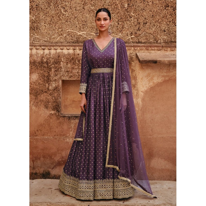 Purple Viscose Jacquard Silk Embroidered Designer Anarkali Suit