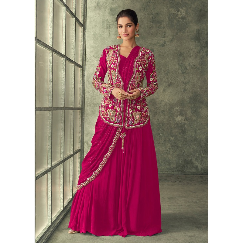Rani Pink Silk Embroidered Designer Gown with Jacket