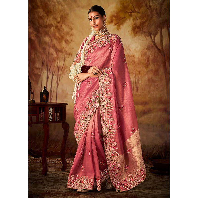 Salmon Pink Wedding Wear Embroidered Kanjivaram Silk Saree