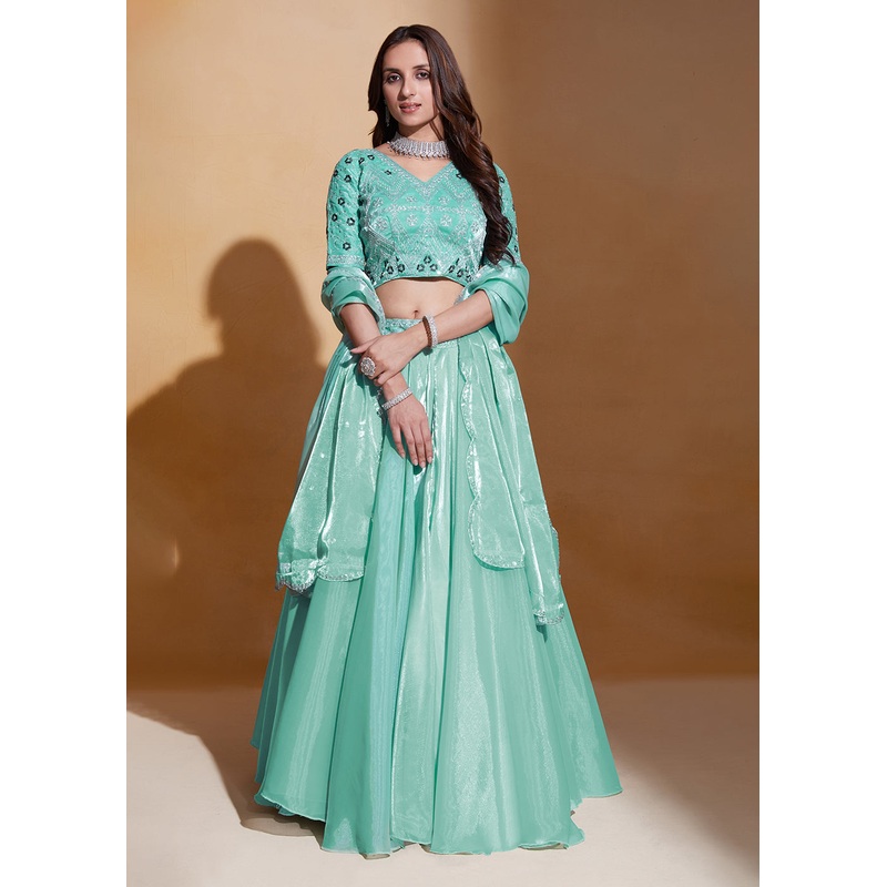 Sea Green Organza Silk A Line Festive Party Lehenga Choli
