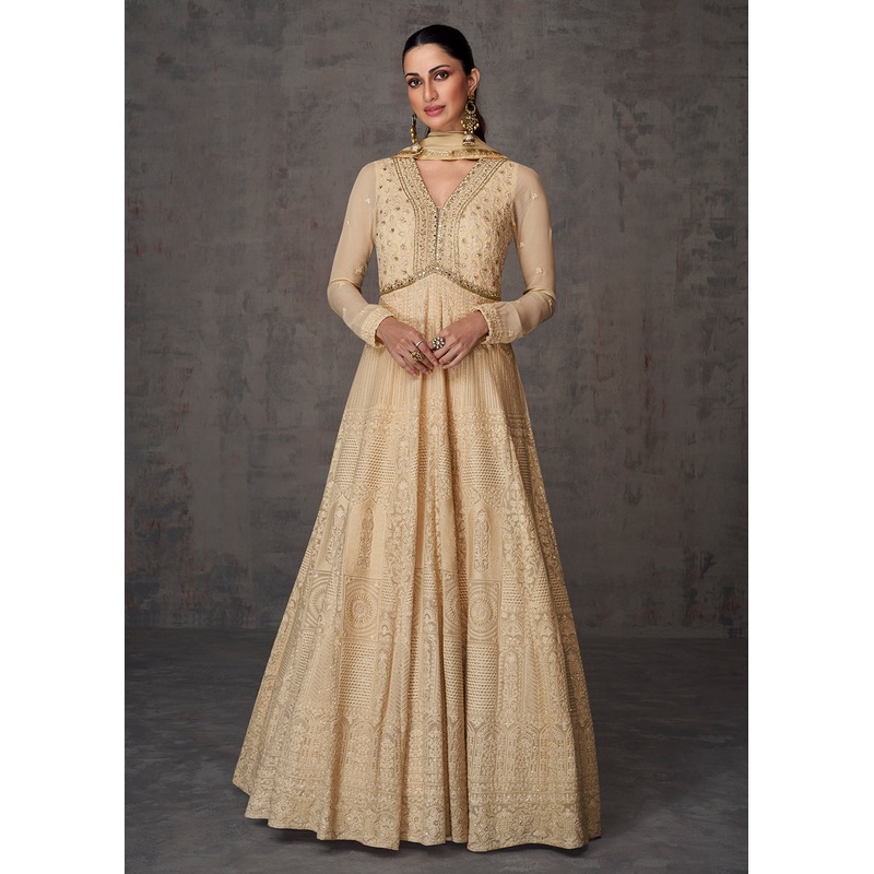 Sequins & Faux Mirror Embroidered Indian Wedding Gown in Beige
