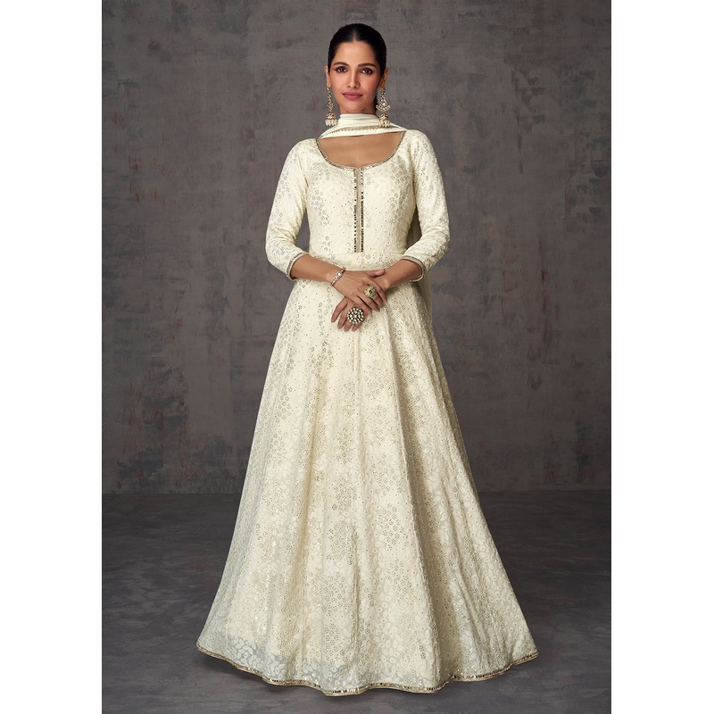 Sequins & Faux Mirror Embroidered Indian Wedding Gown in Off White