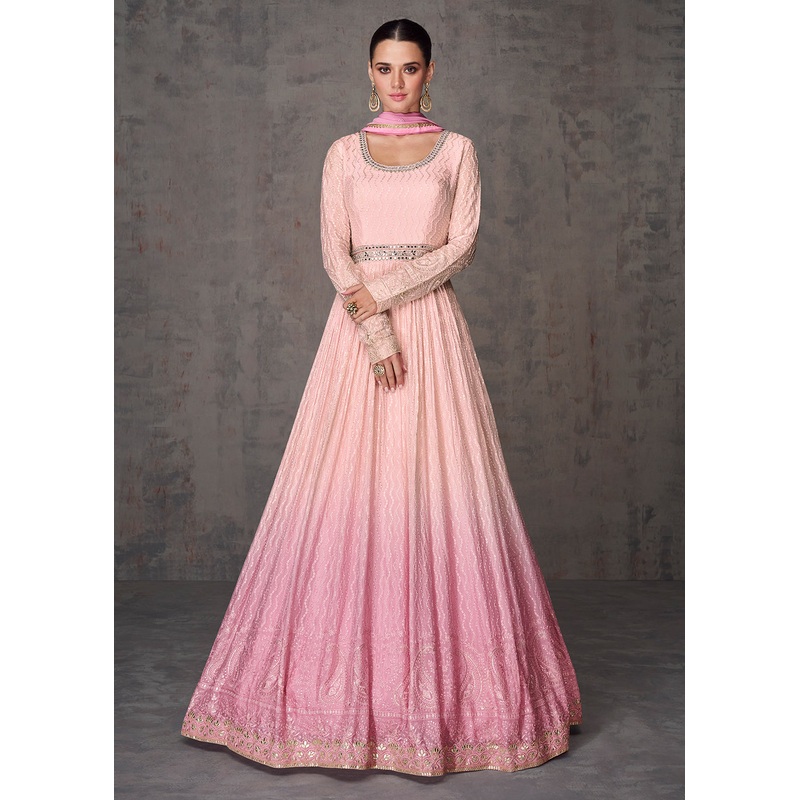 Sequins & Faux Mirror Embroidered Indian Wedding Gown in Pink