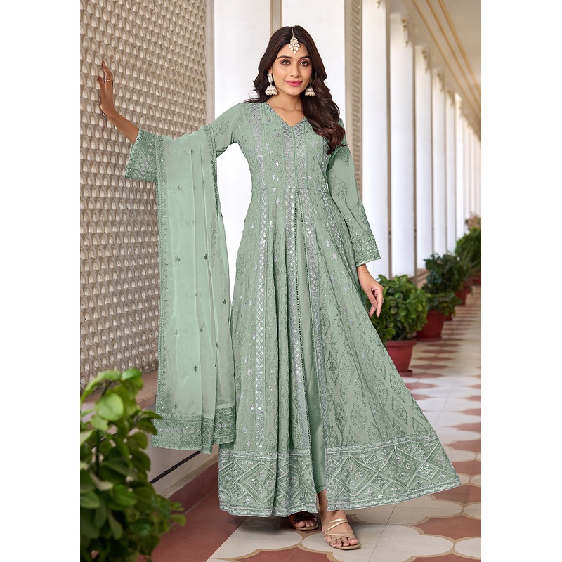 Slit Style Green Embroidered Wedding Festive Anarkali Suit