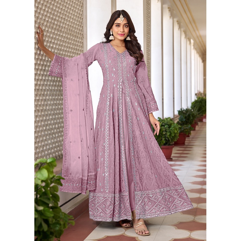 Slit Style Lavender Embroidered Wedding Festive Anarkali Suit