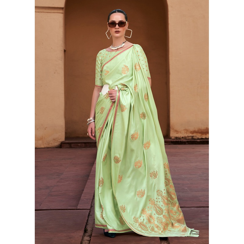 Sprout Green Pure Satin Zari Weaving Wedding Festive Saree