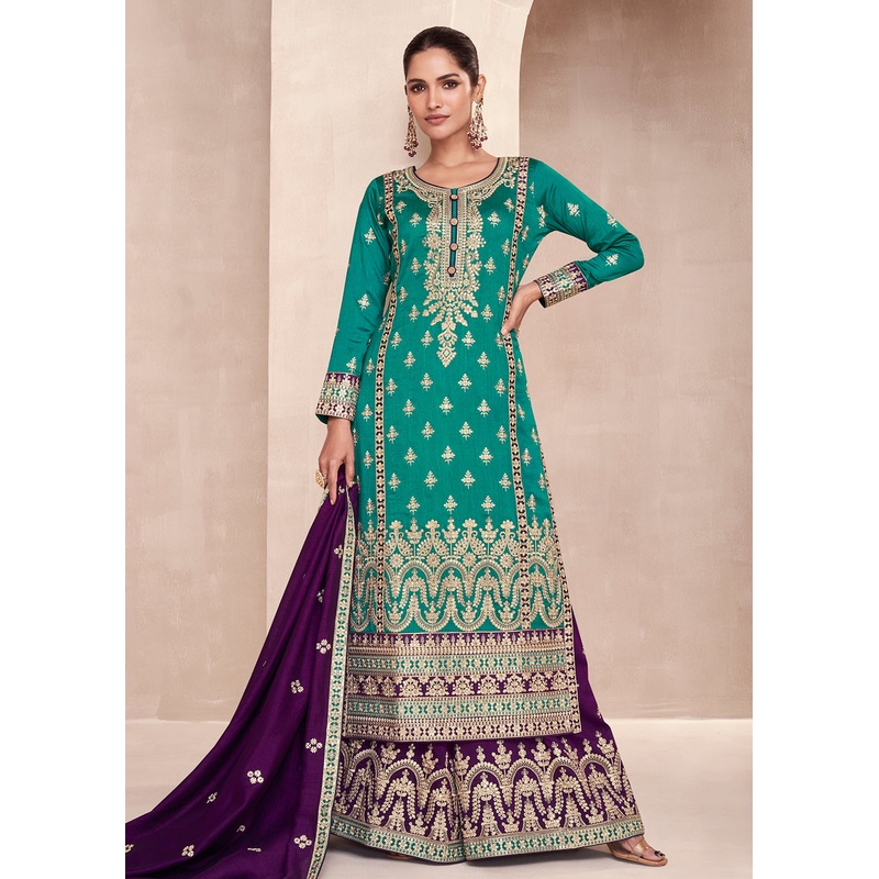 Teal Embroidered Premium Silk Palazzo Suit with Purple Dupatta