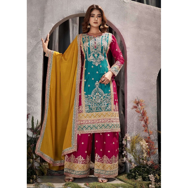 Teal Multicolor Mirror Embroidered Punjabi Style Palazzo Suit