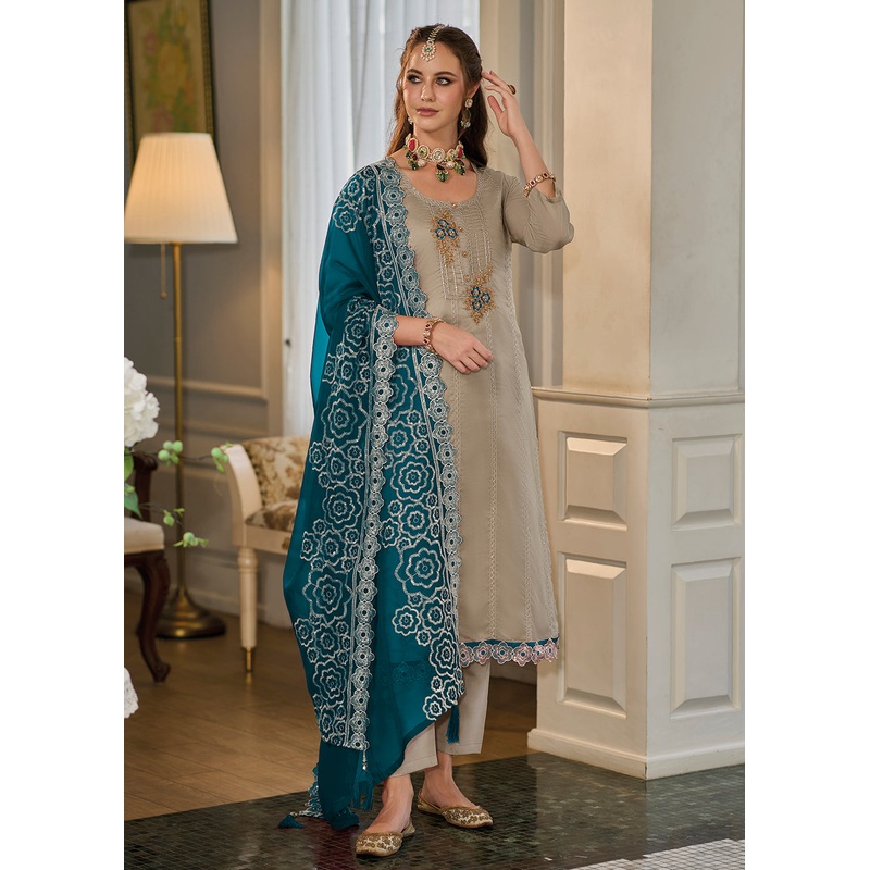 Attractive Beige Soft Organza Embroidered Eid Wear Salwar Suit