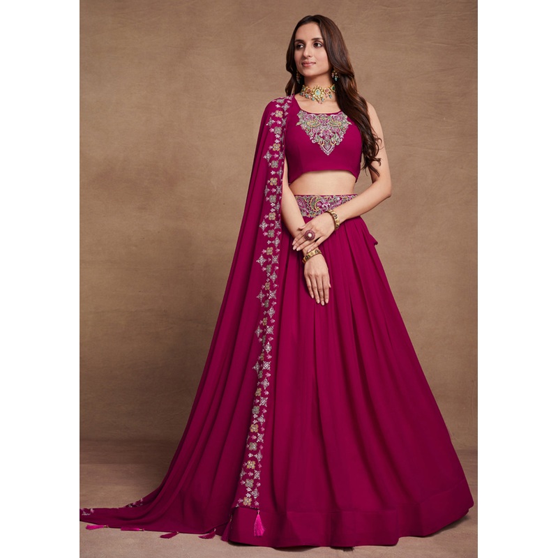 Blooming Georgette Pink Embroidered Festive Lehenga Choli