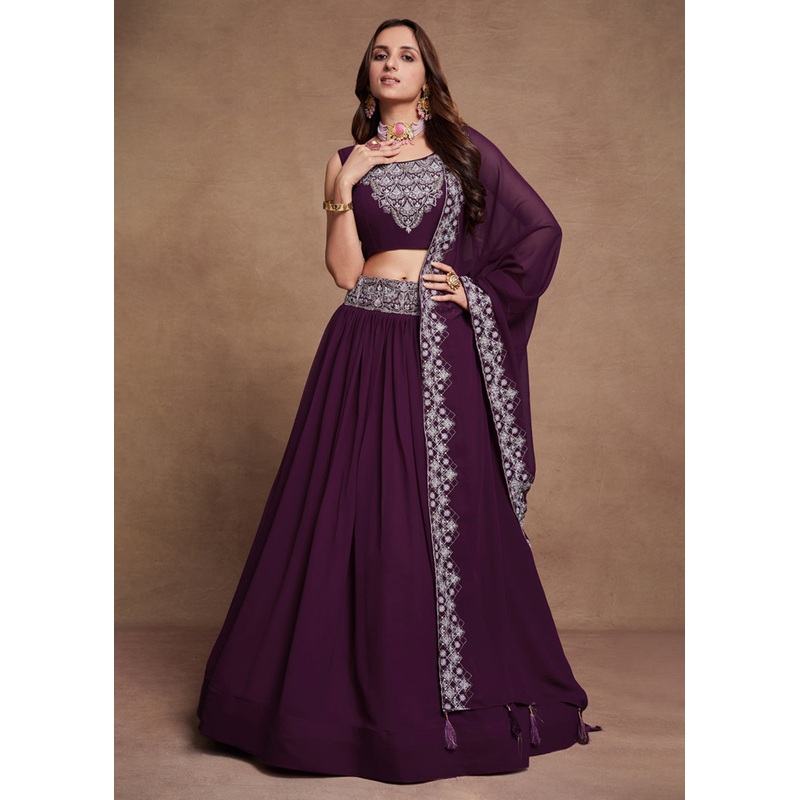 Blooming Georgette Purple Embroidered Festive Lehenga Choli