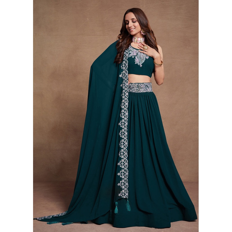 Blooming Georgette Teal Blue Embroidered Festive Lehenga Choli