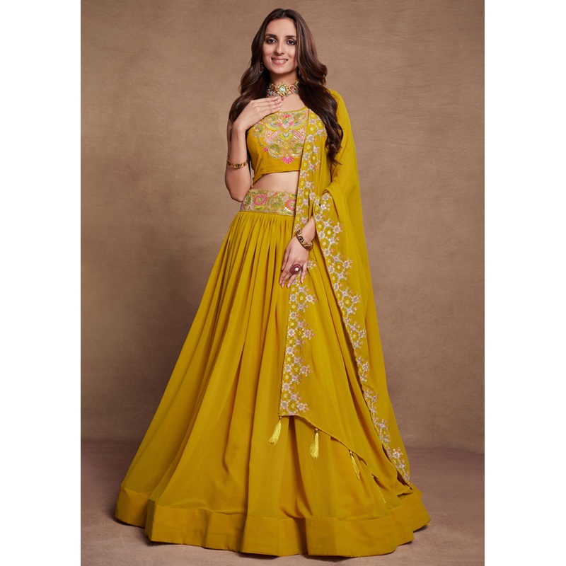 Blooming Georgette Yellow Embroidered Festive Lehenga Choli