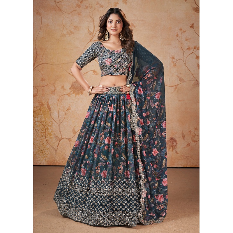 Blue Digital Print & Sequins Wedding Festive Lehenga Choli
