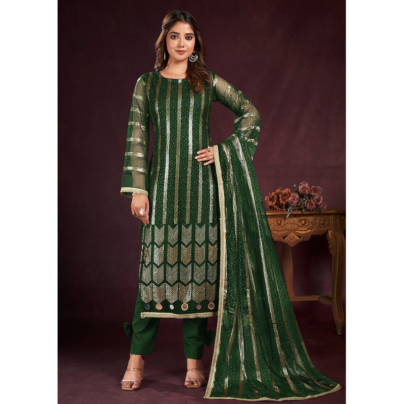 Dark Green Butterfly Net Embroidered Festive Salwar Suit