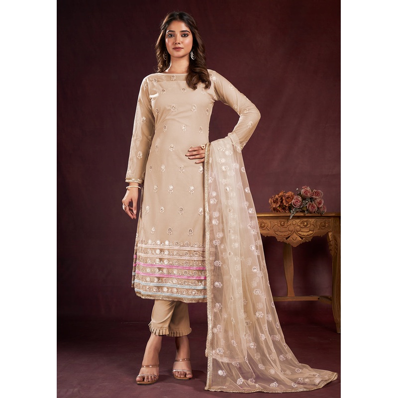 Dusty Beige Butterfly Net Embroidered Festive Salwar Suit