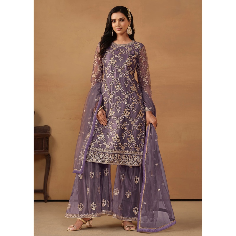 Dusty Purple Net Embroidered Wedding Festive Gharara Suit