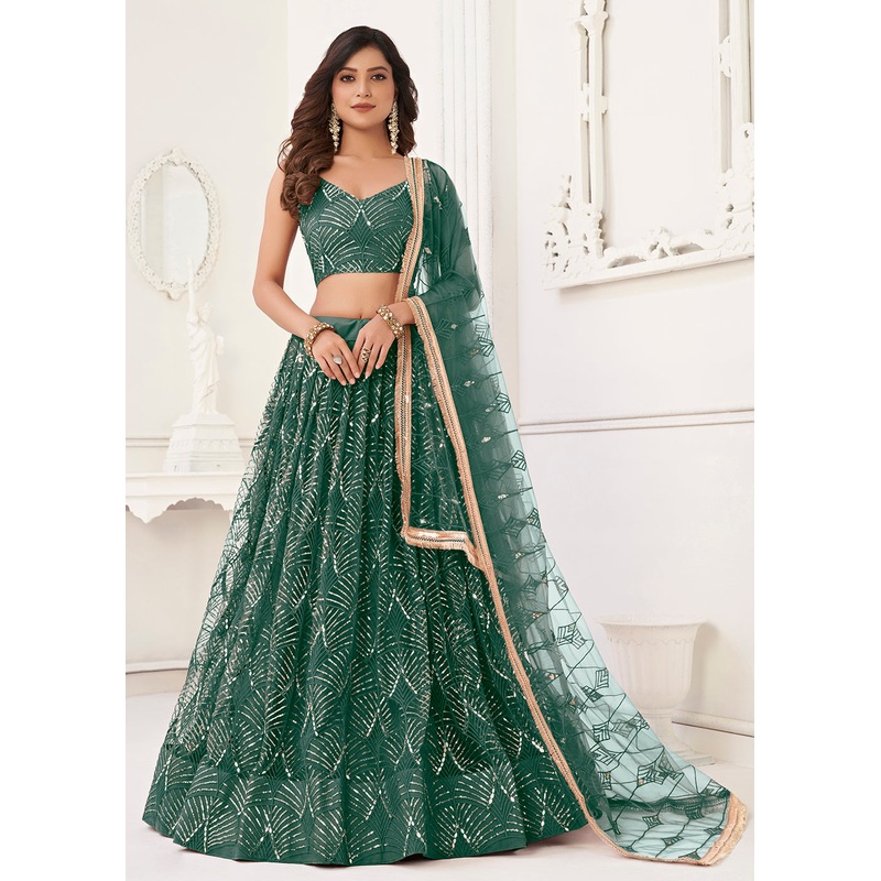 Embroidered Net Green Sangeet & Wedding Wear Lehenga Choli
