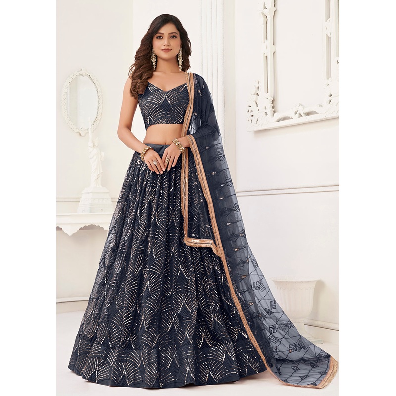 Embroidered Net Midnight Blue Sangeet & Wedding Wear Lehenga Choli