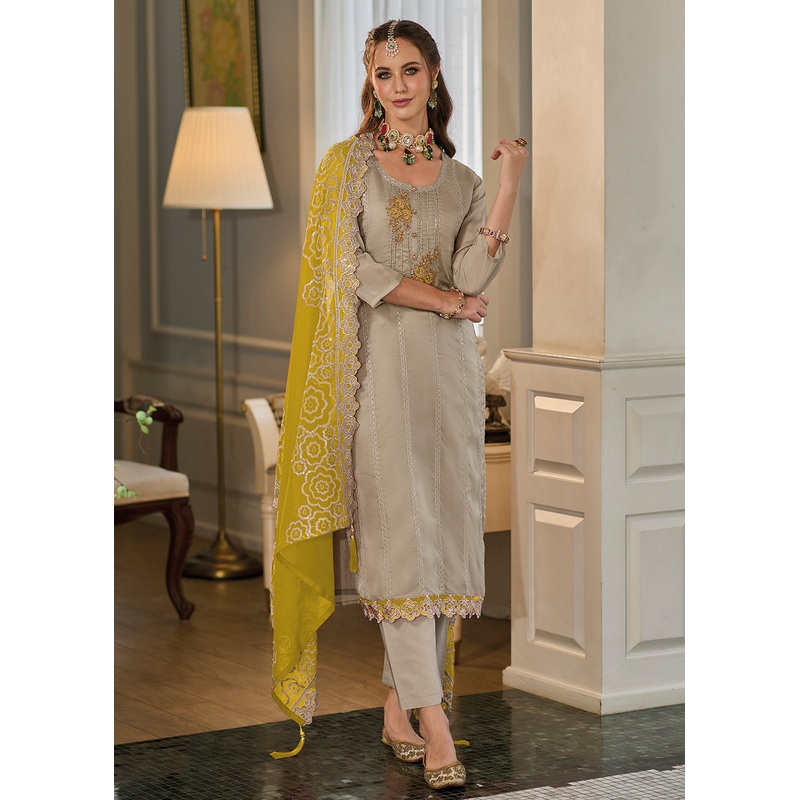 Exclusive Beige Soft Organza Embroidered Eid Wear Salwar Suit