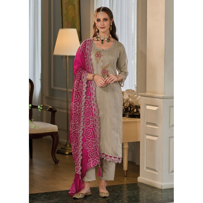 Exquisite Beige Soft Organza Embroidered Eid Wear Salwar Suit