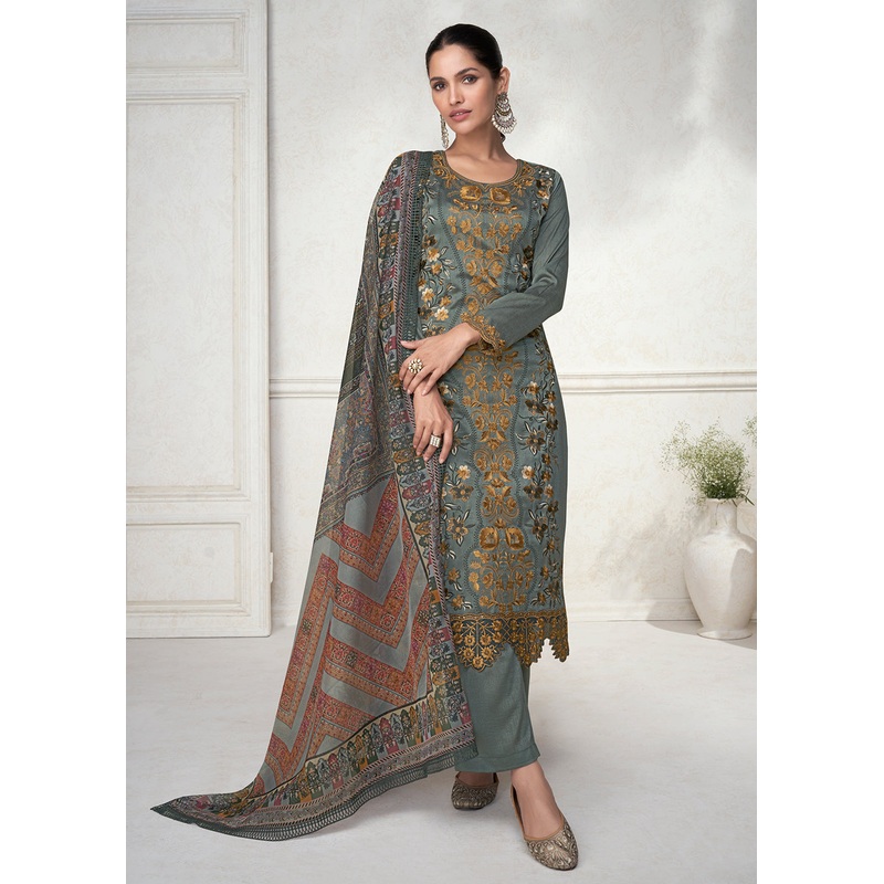 Fabulous Grey Floral Embroidered Silk Wedding Salwar Suit
