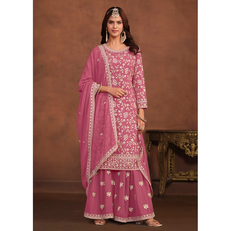Faux Georgette Pink Embroidered Festive Salwar Suit