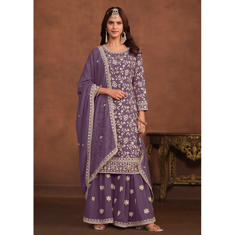 Faux Georgette Purple Embroidered Festive Salwar Suit